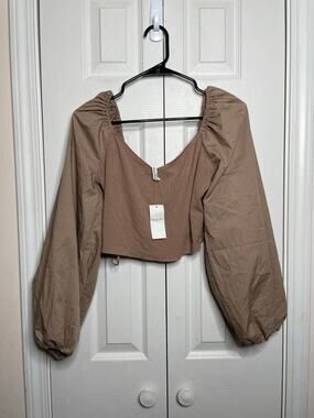 NEW Abercrombie & Fitch Womens Tan Ribbed Balloon Sleeve Blouse Size Large